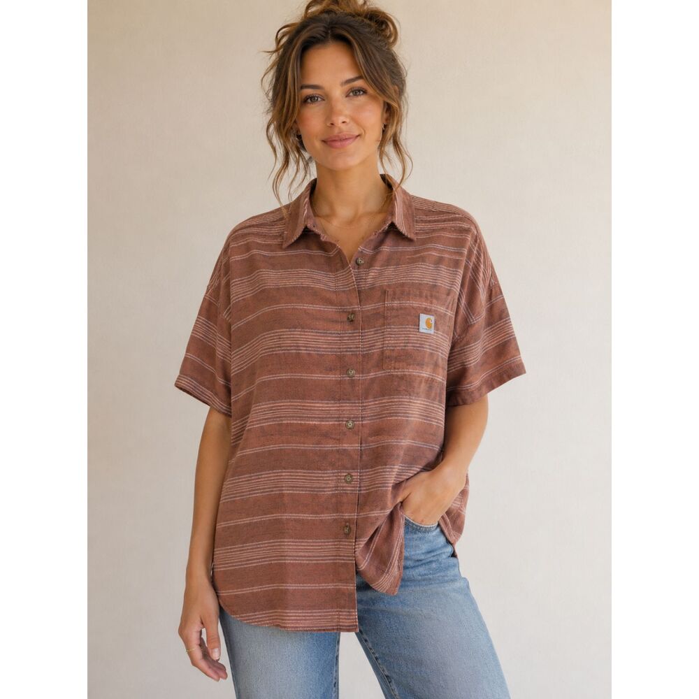 Carhartt Women's 100% Cotton Striped Loose Fit Short Sleeve Button-Down Shirt Lg